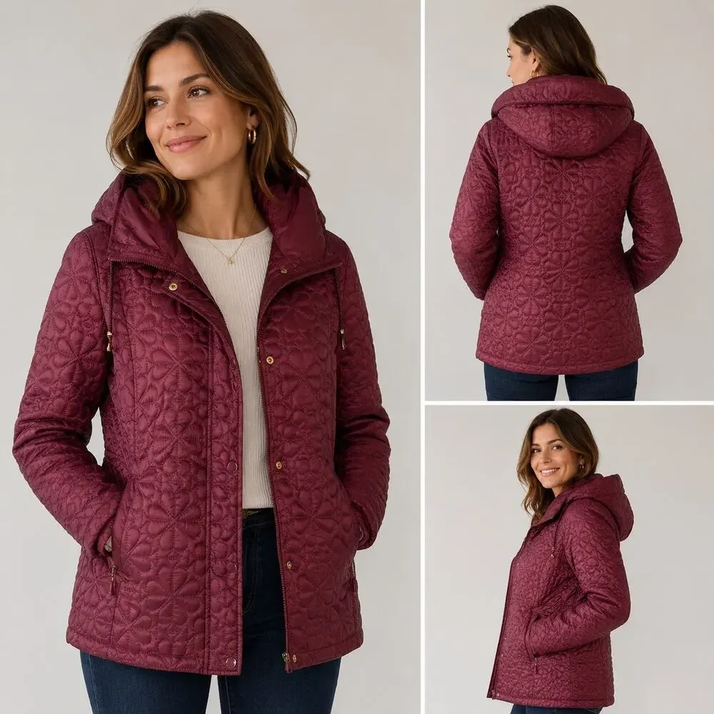 Kate Spade New York Blackberry Spade Flower Quilted Hooded Jacket Large NWT